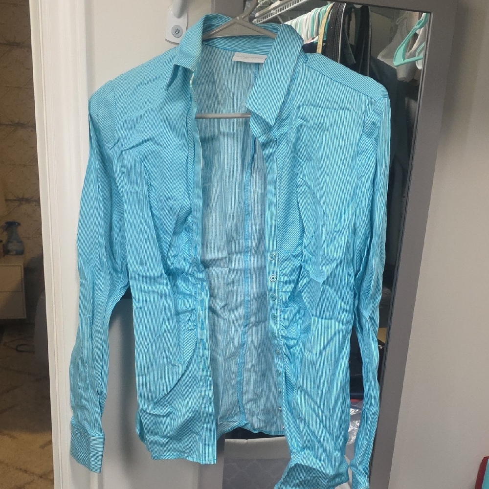 New York & Company Womens Aqua Striped Button Down Shirt